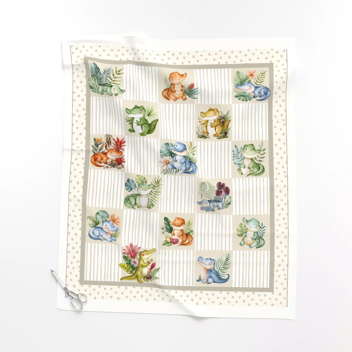 Little Gator baby quilt panel laid flat – a 36 x 42 inch no-piecing quilt top