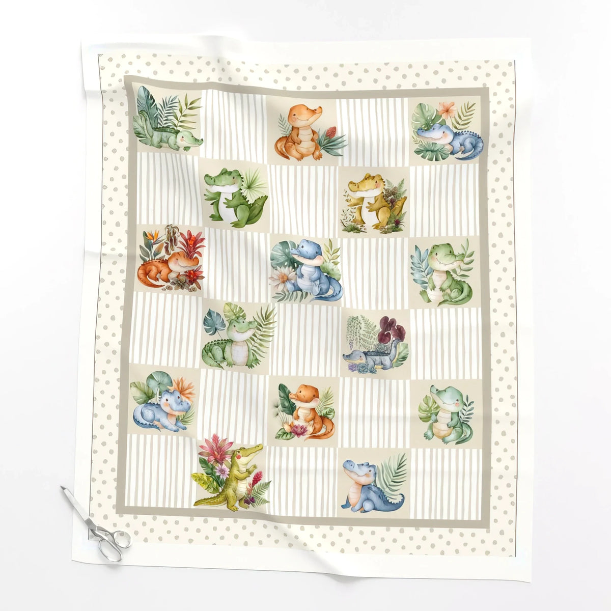 Little Gator alligator baby quilt panel laid flat – full 36 x 42 in panel