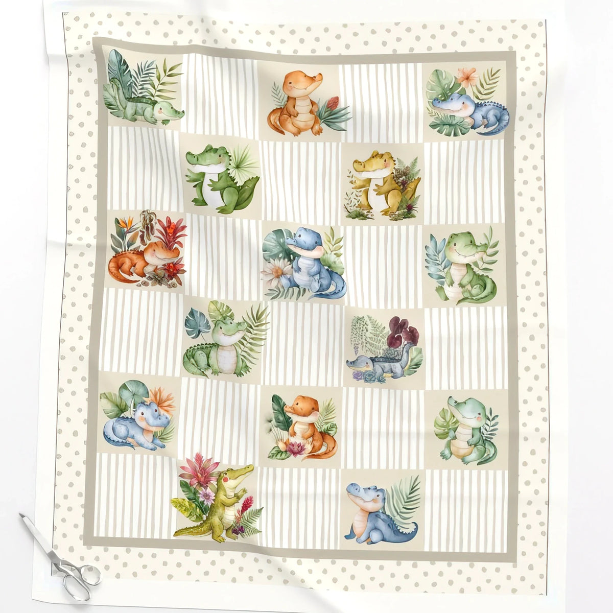 Little Gator alligator baby quilt panel close-up – no-piecing cheater quilt top