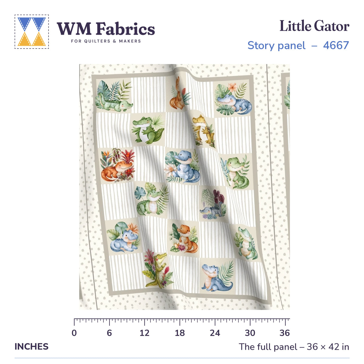 Little Gator baby quilt panel shown full size, 36 x 42 inches, with a ruler for true scale