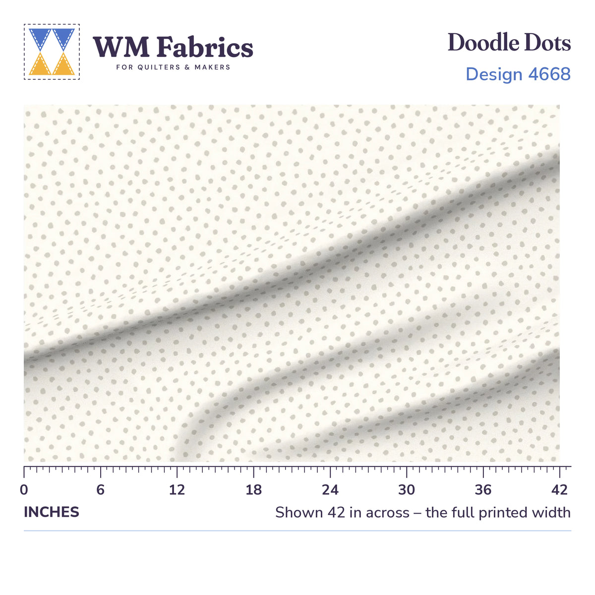 Doodle Dots fabric shown 42 inches across with a ruler for true print scale
