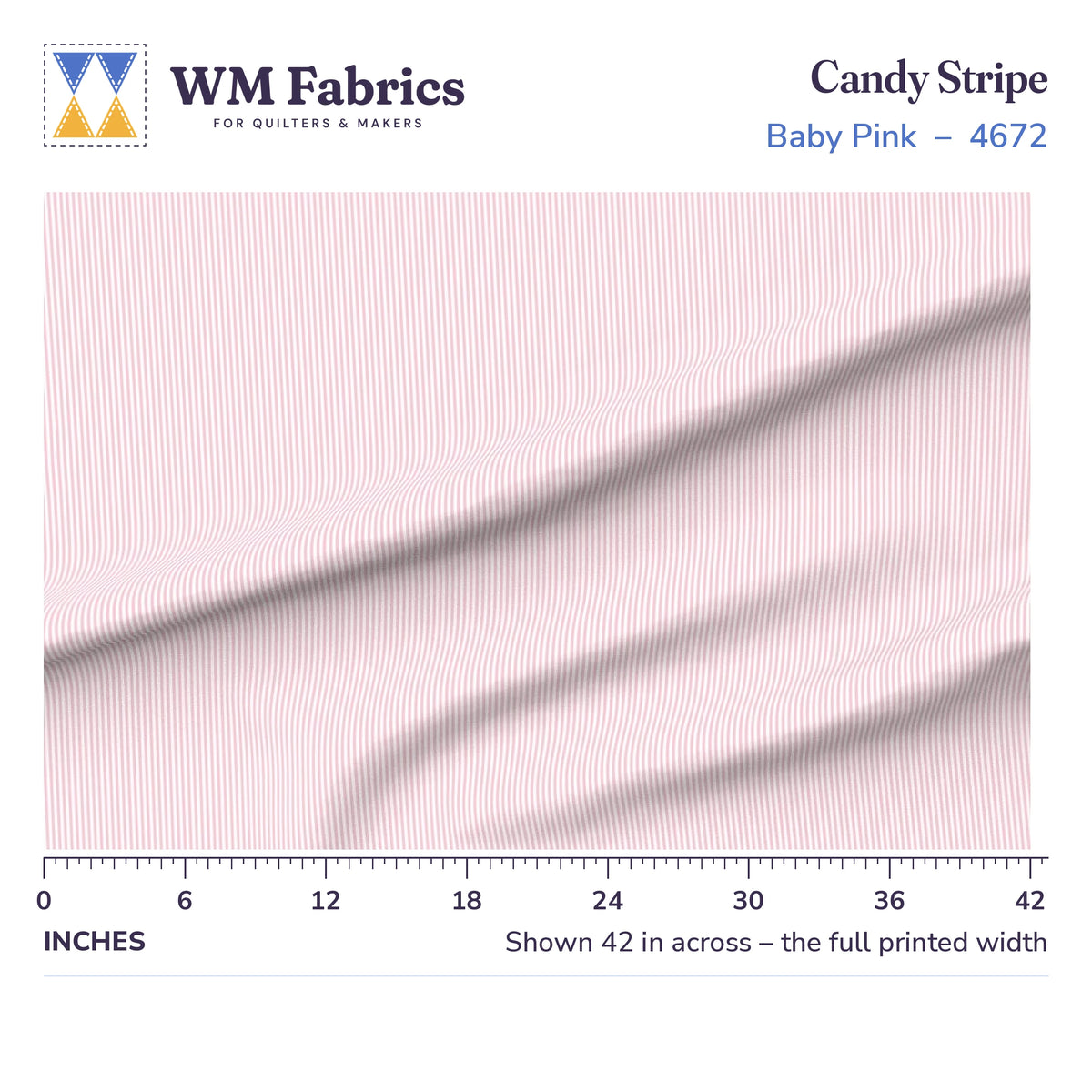 Candy Stripe Baby Pink fabric shown 42 inches across with a ruler for true print scale