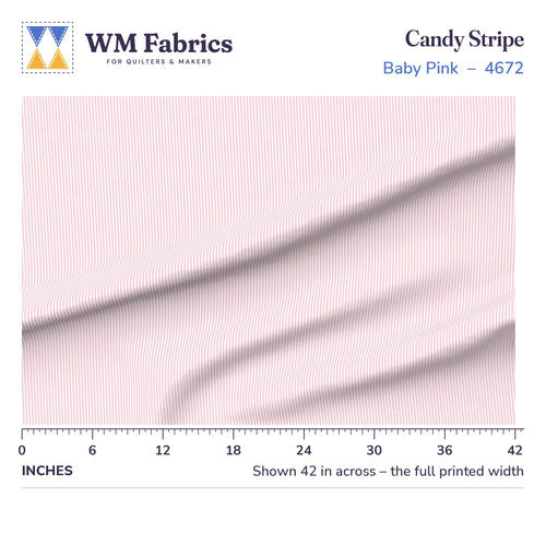 Candy Stripe Baby Pink fabric shown 42 inches across with a ruler for true print scale