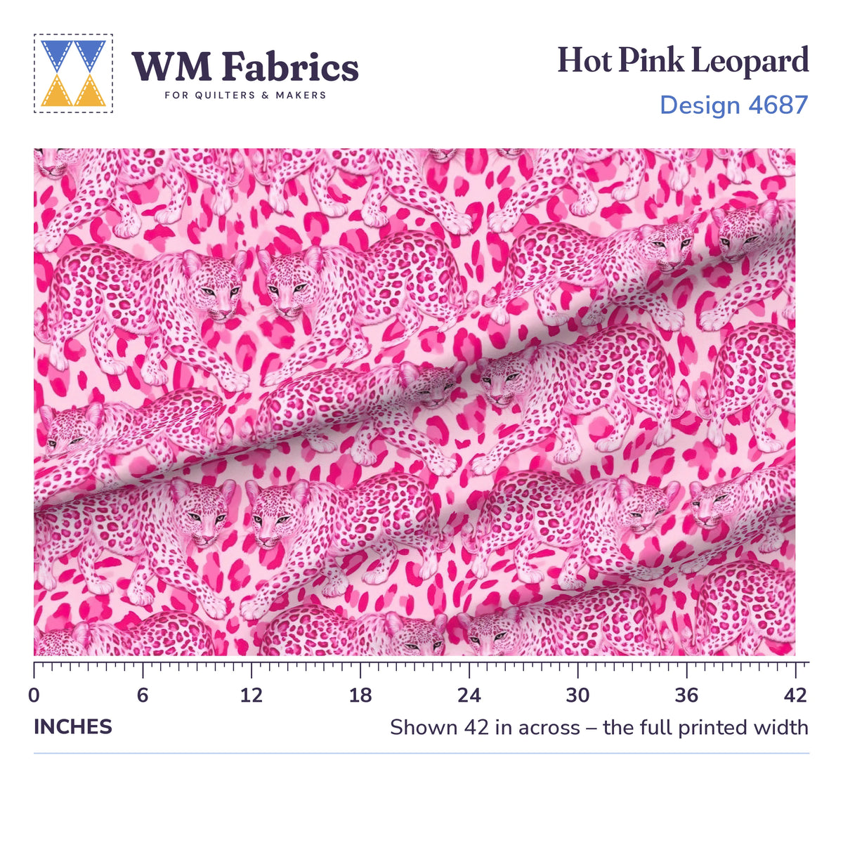 Hot Pink Leopard fabric shown 42 inches across with a ruler for true print scale