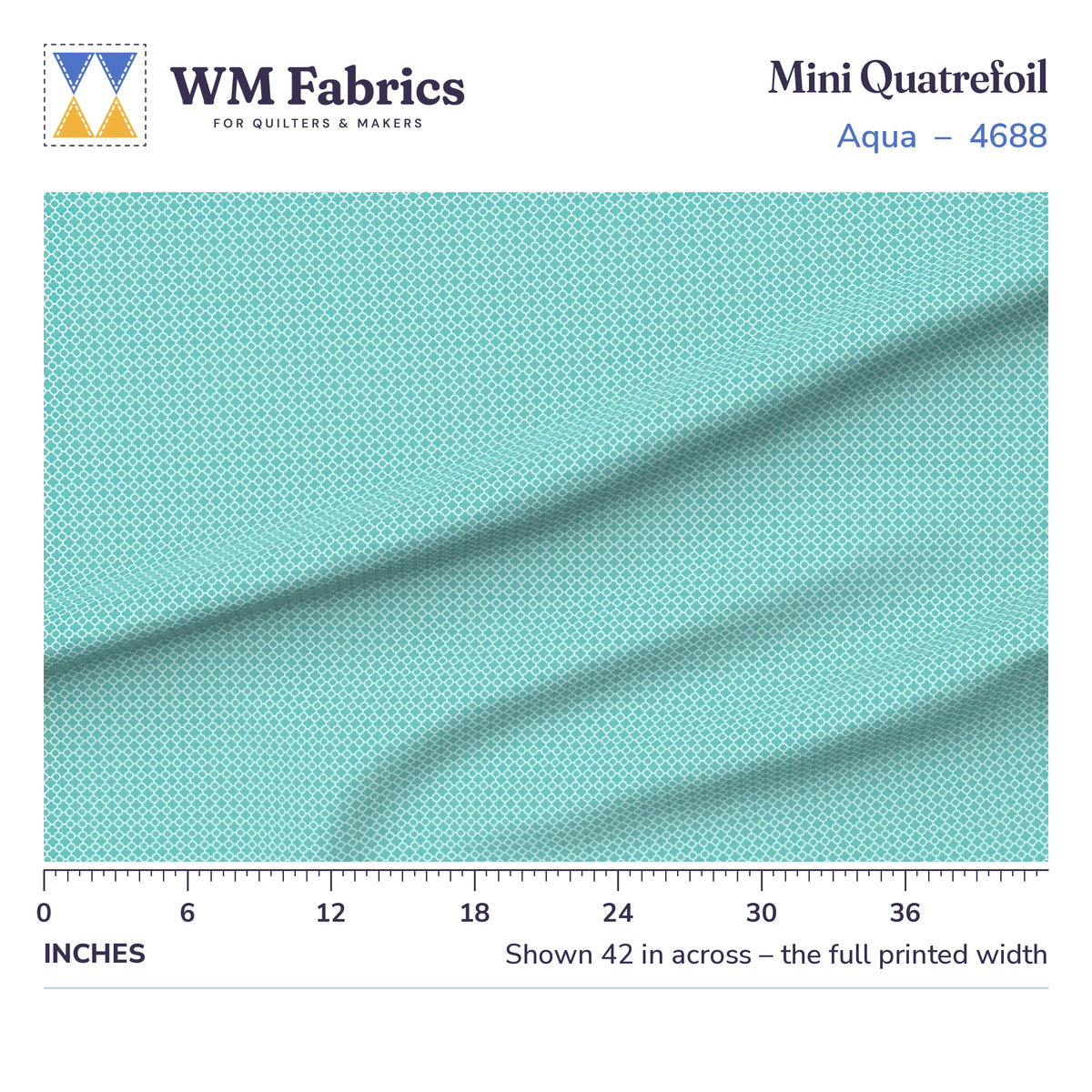 Mini Quatrefoil Aqua fabric shown 42 inches across with a ruler for true print scale