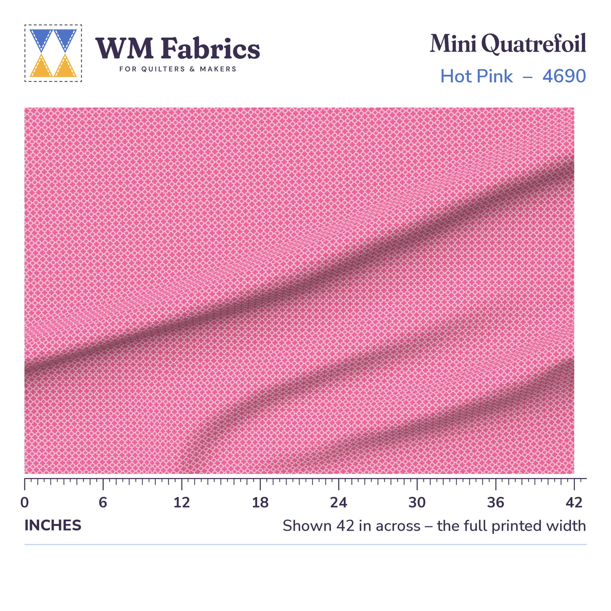 Mini Quatrefoil Hot Pink fabric shown 42 inches across with a ruler for true print scale