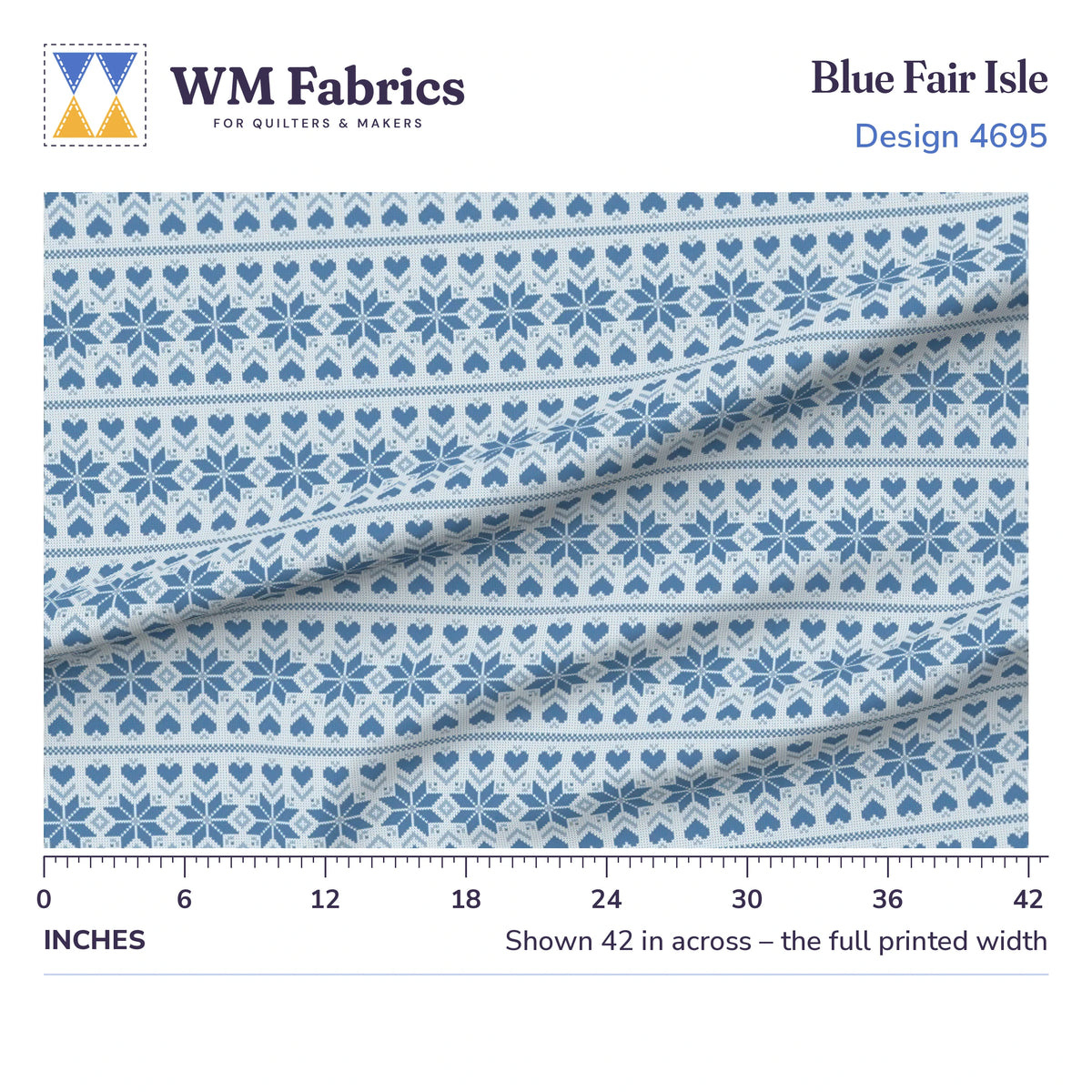 Blue Fair Isle fabric shown 42 inches across with a ruler for true print scale