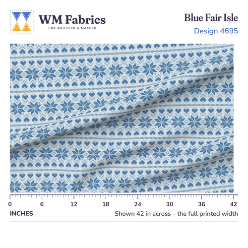 Blue Fair Isle fabric shown 42 inches across with a ruler for true print scale