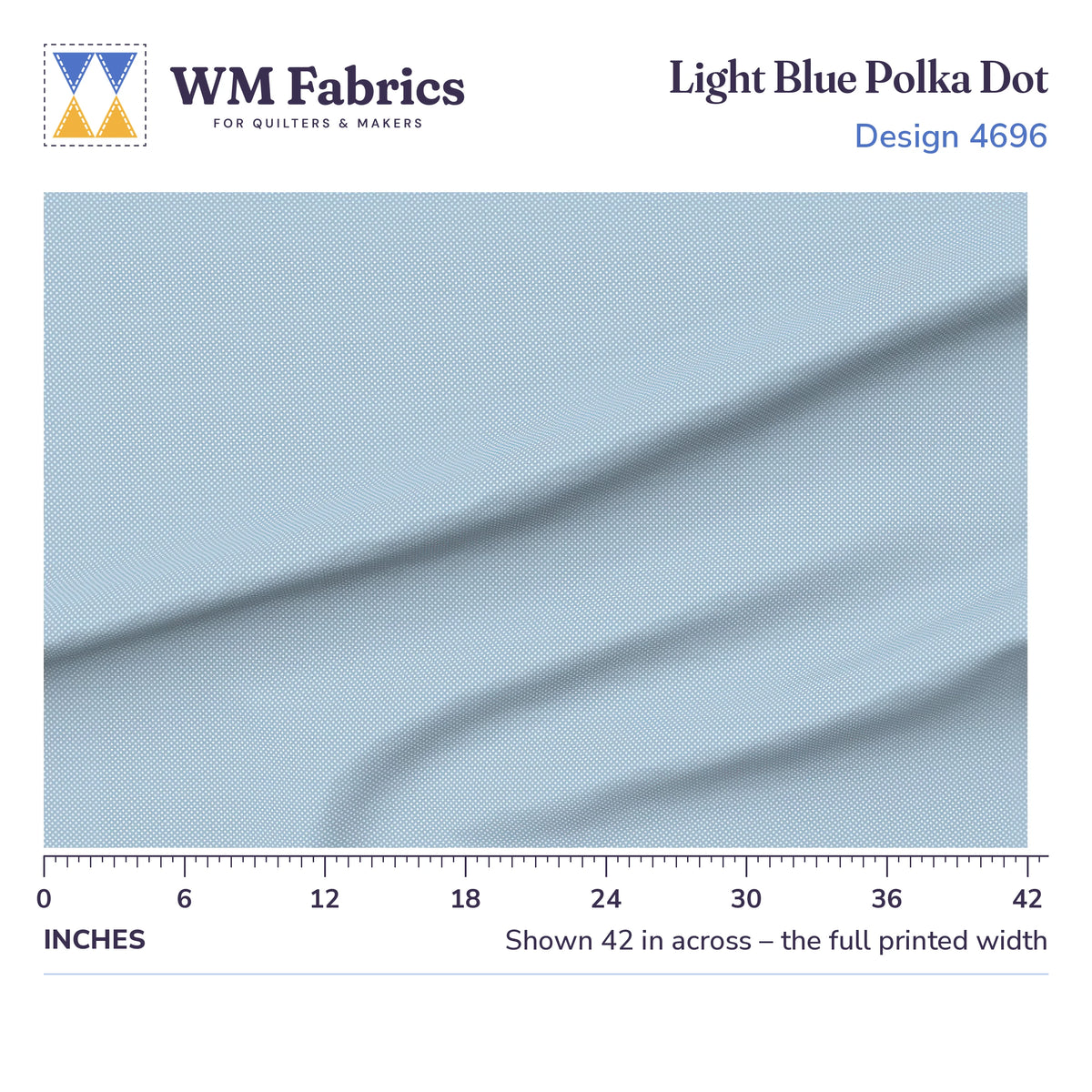 Light Blue Polka Dot fabric shown 42 inches across with a ruler for true print scale