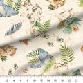 Dino Toss large scale quilting cotton close-up with a ruler showing the big watercolor dinosaurs at true scale