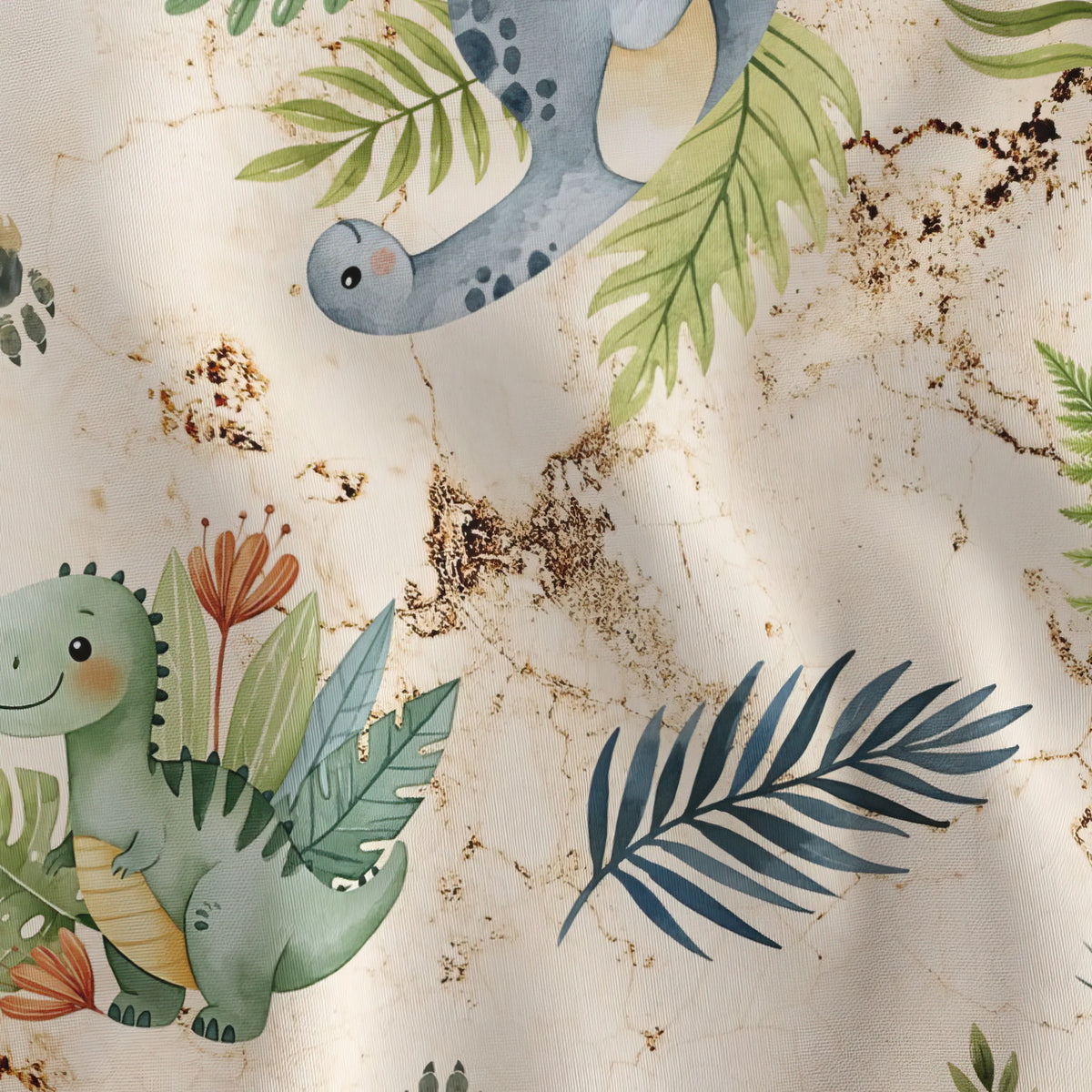 Dino Toss large scale watercolor dinosaur quilting cotton draped to show the soft hand