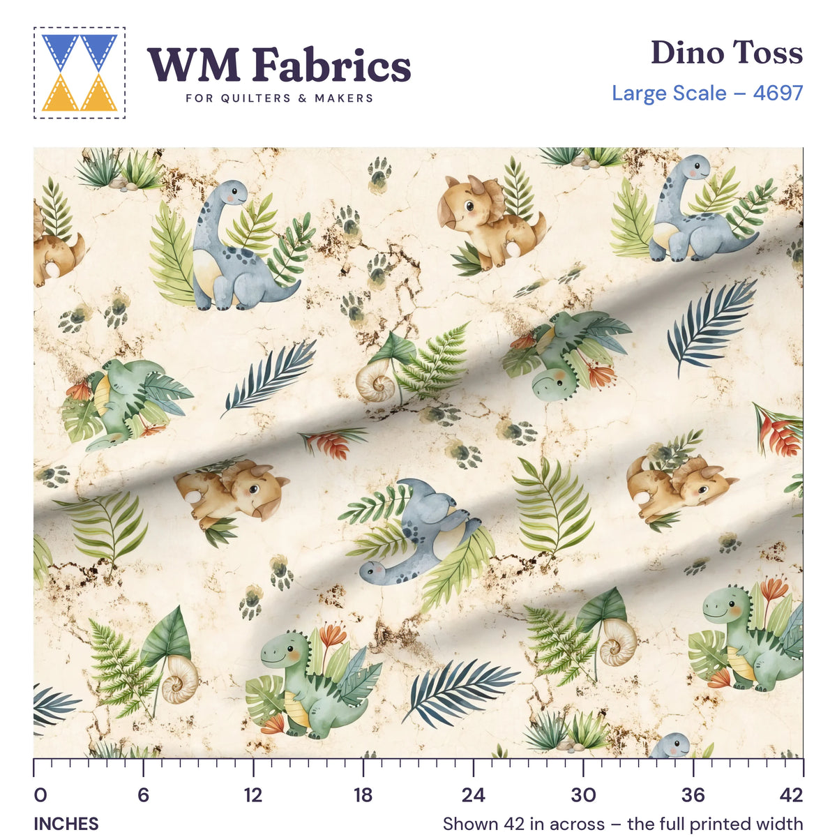 Dino Toss large scale fabric shown 42 inches across with a ruler for true print scale