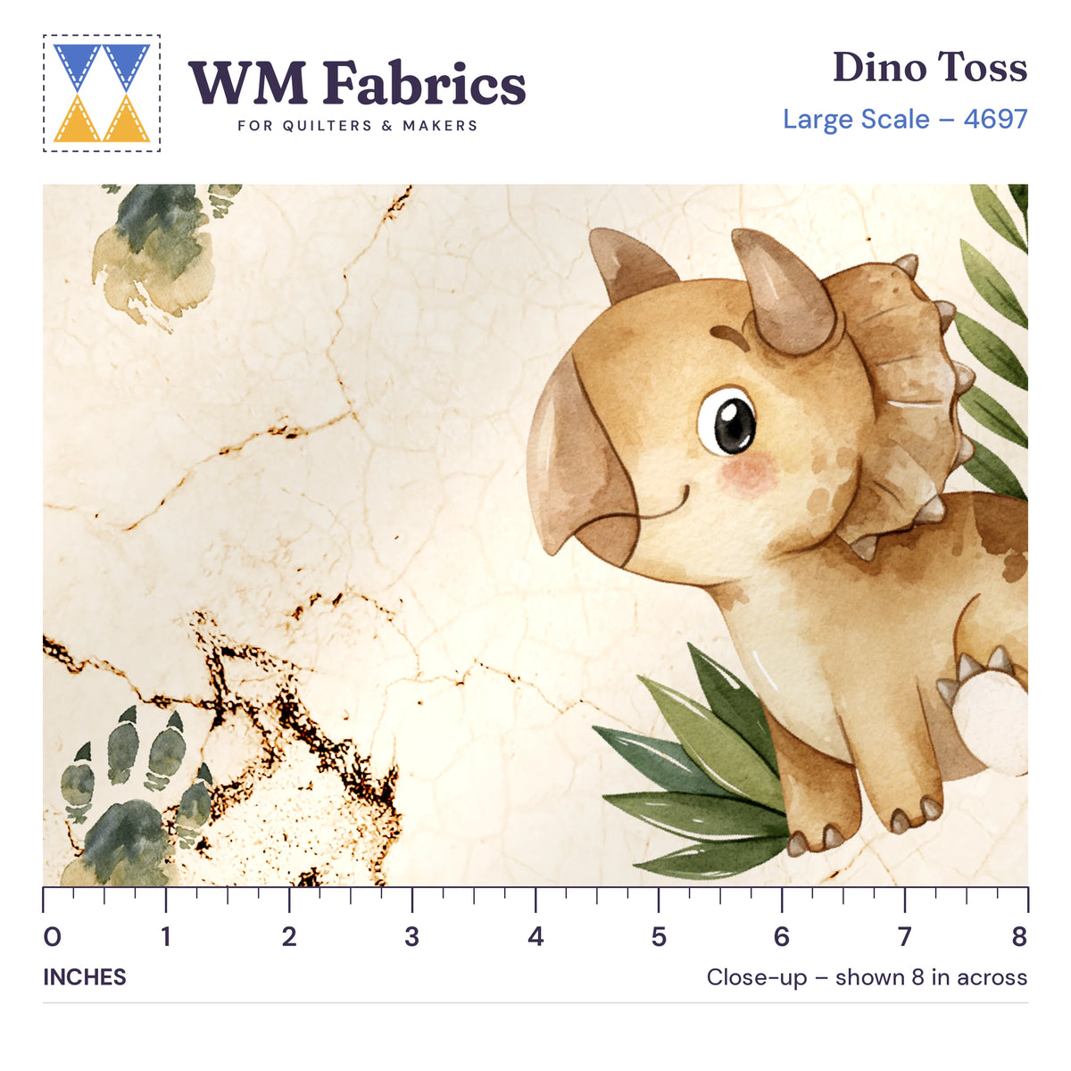 8 inch close-up of Dino Toss large scale quilting cotton with an inch ruler showing a baby triceratops at true size