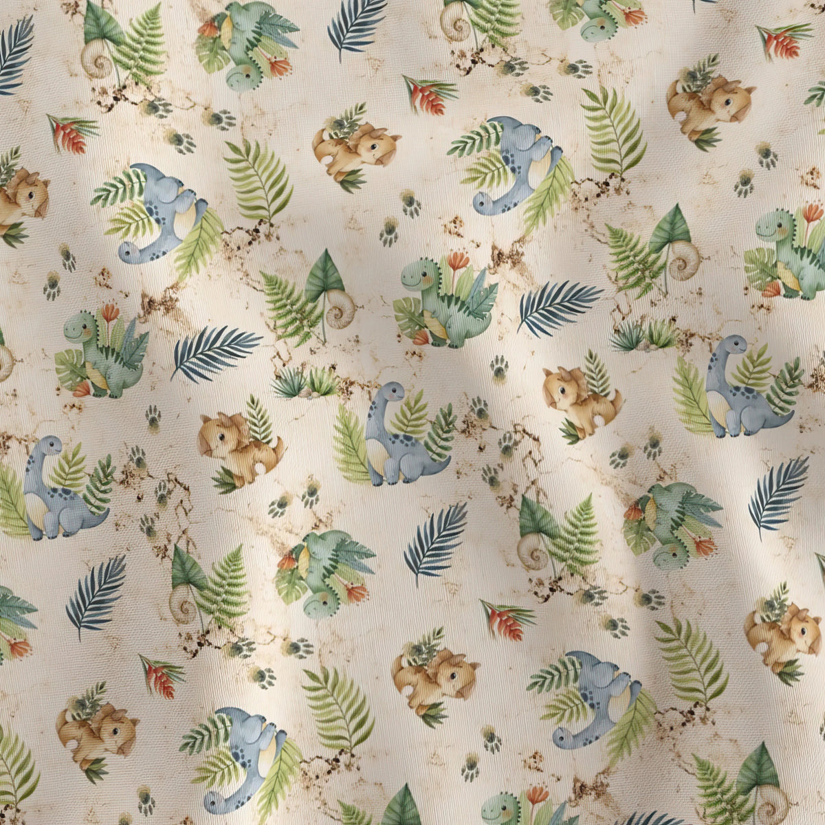 Dino Toss watercolor dinosaur quilting cotton draped to show the soft hand