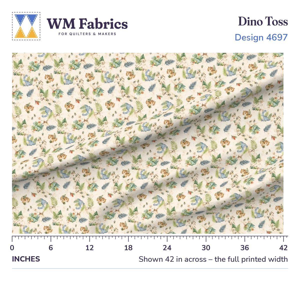 Dino Toss fabric shown 42 inches across with a ruler for true print scale