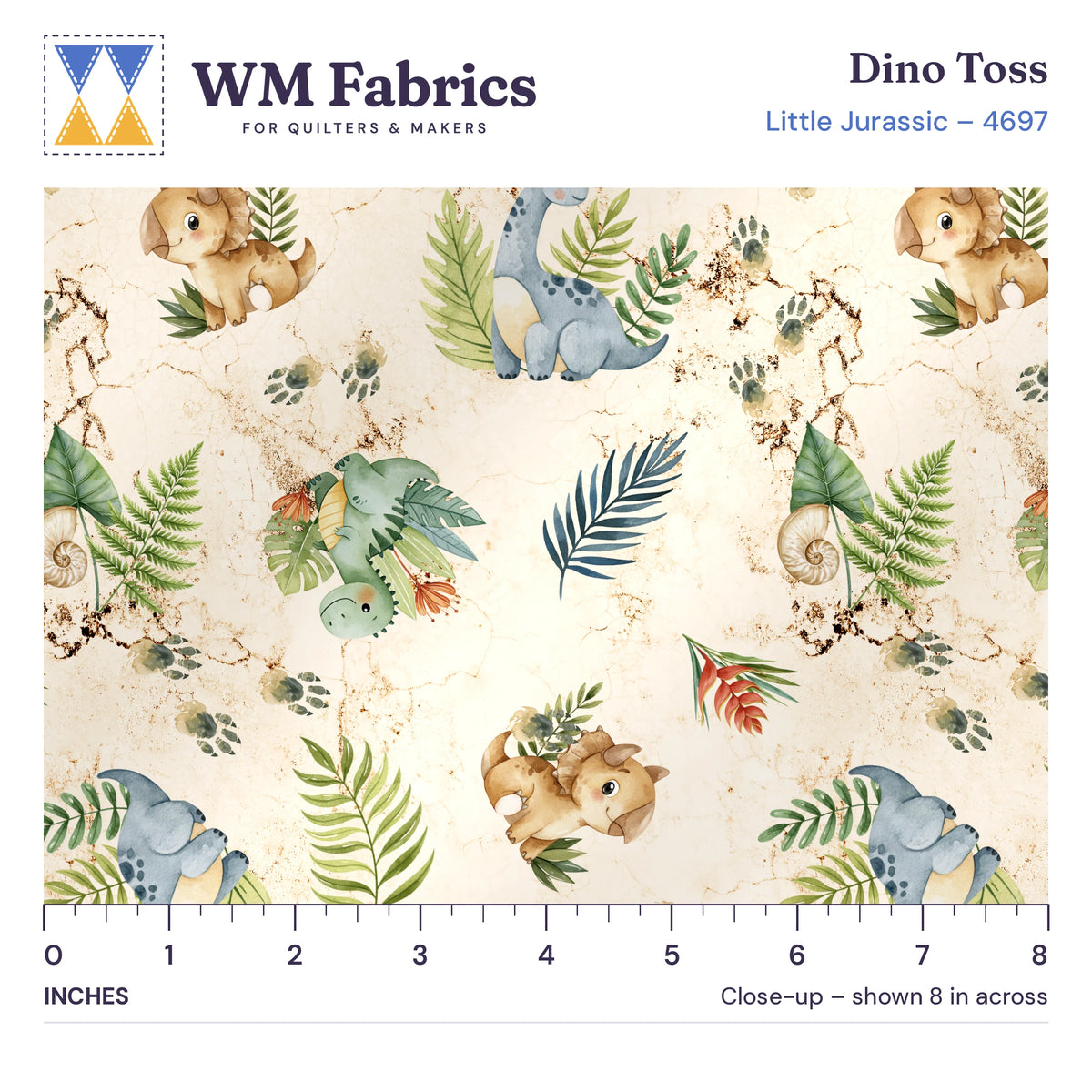 8 inch close-up of Dino Toss quilting cotton with an inch ruler showing the true size of the baby dinosaurs