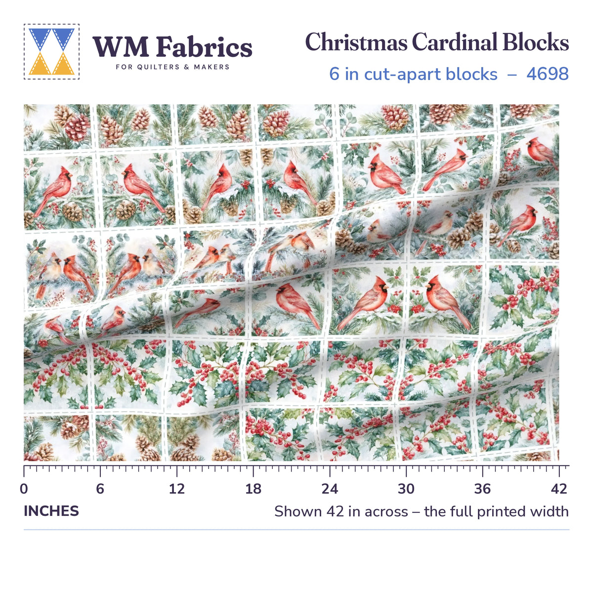 Christmas Cardinal Blocks fabric shown 42 inches across with a ruler for true print scale