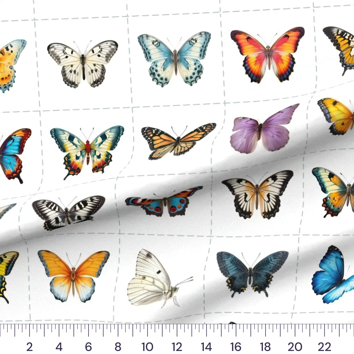 Butterfly Blocks quilting cotton fabric – draped close-up with a ruler showing true print scale
