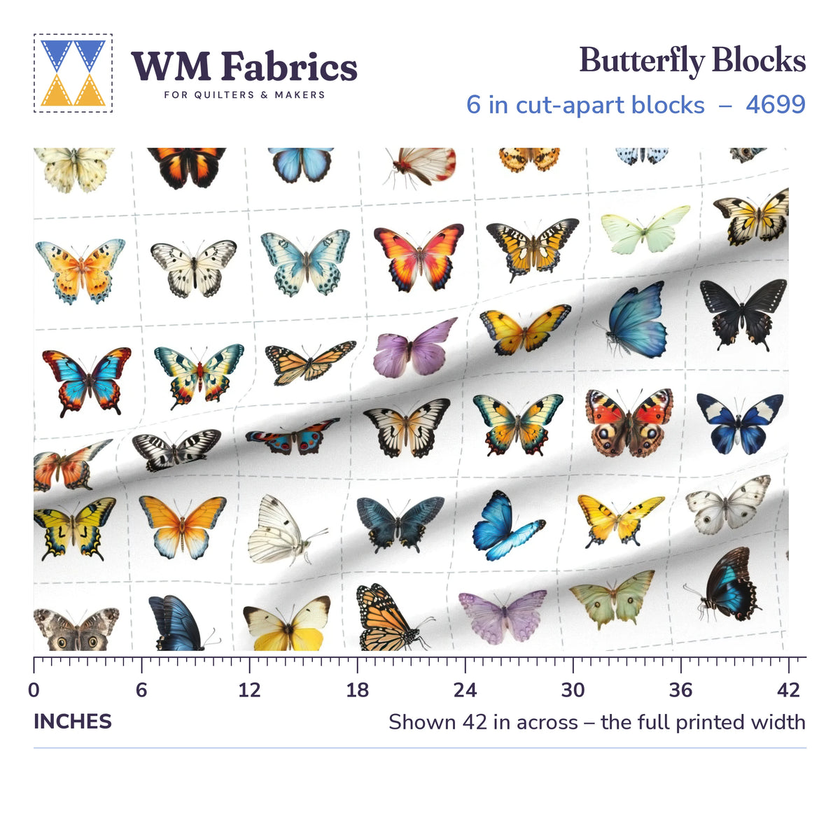 Butterfly Blocks fabric shown 42 inches across with a ruler for true print scale