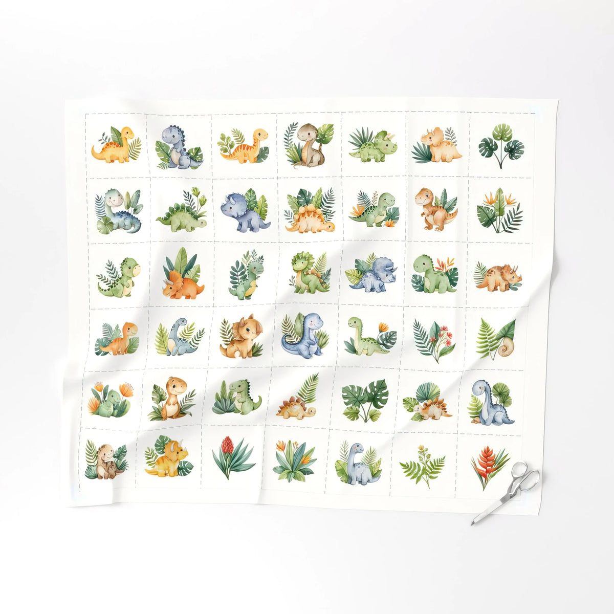 Baby Dinosaur Blocks cut-apart quilt block panel laid flat, ready to cut into 6 inch blocks
