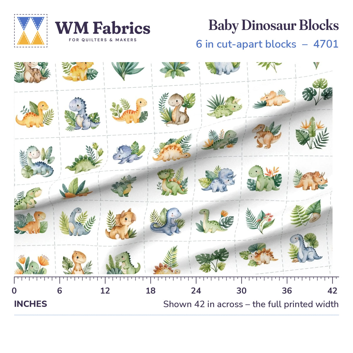 Baby Dinosaur Blocks fabric shown 42 inches across with a ruler for true print scale
