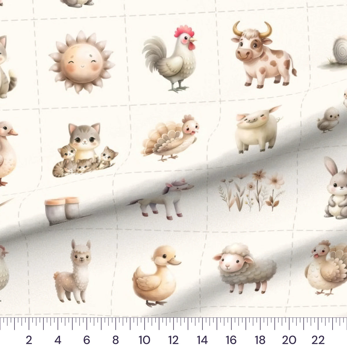 Farm Animal Blocks quilting cotton fabric – draped close-up with a ruler showing true print scale