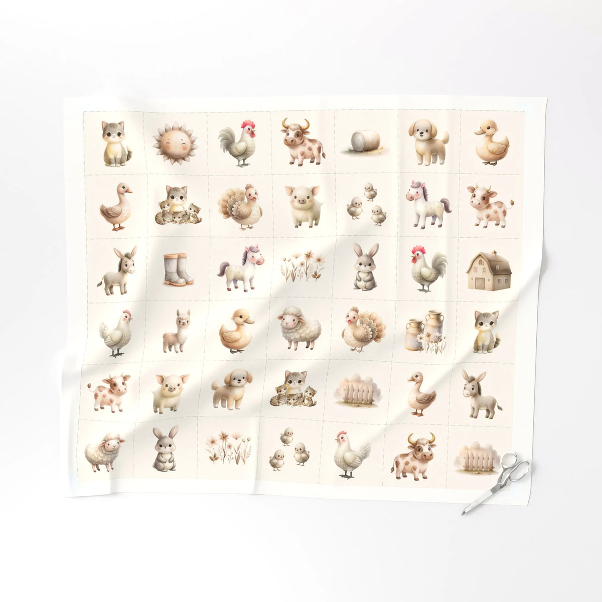 Farm Animal Blocks cut-apart quilt block panel laid flat, ready to cut into 6 inch blocks