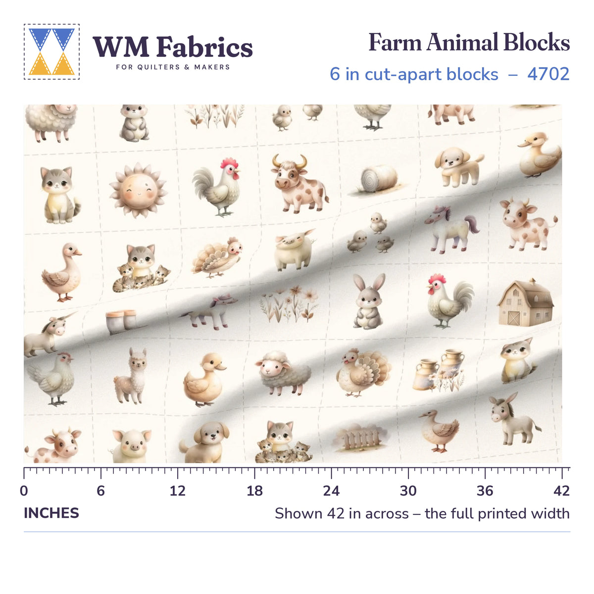Farm Animal Blocks fabric shown 42 inches across with a ruler for true print scale