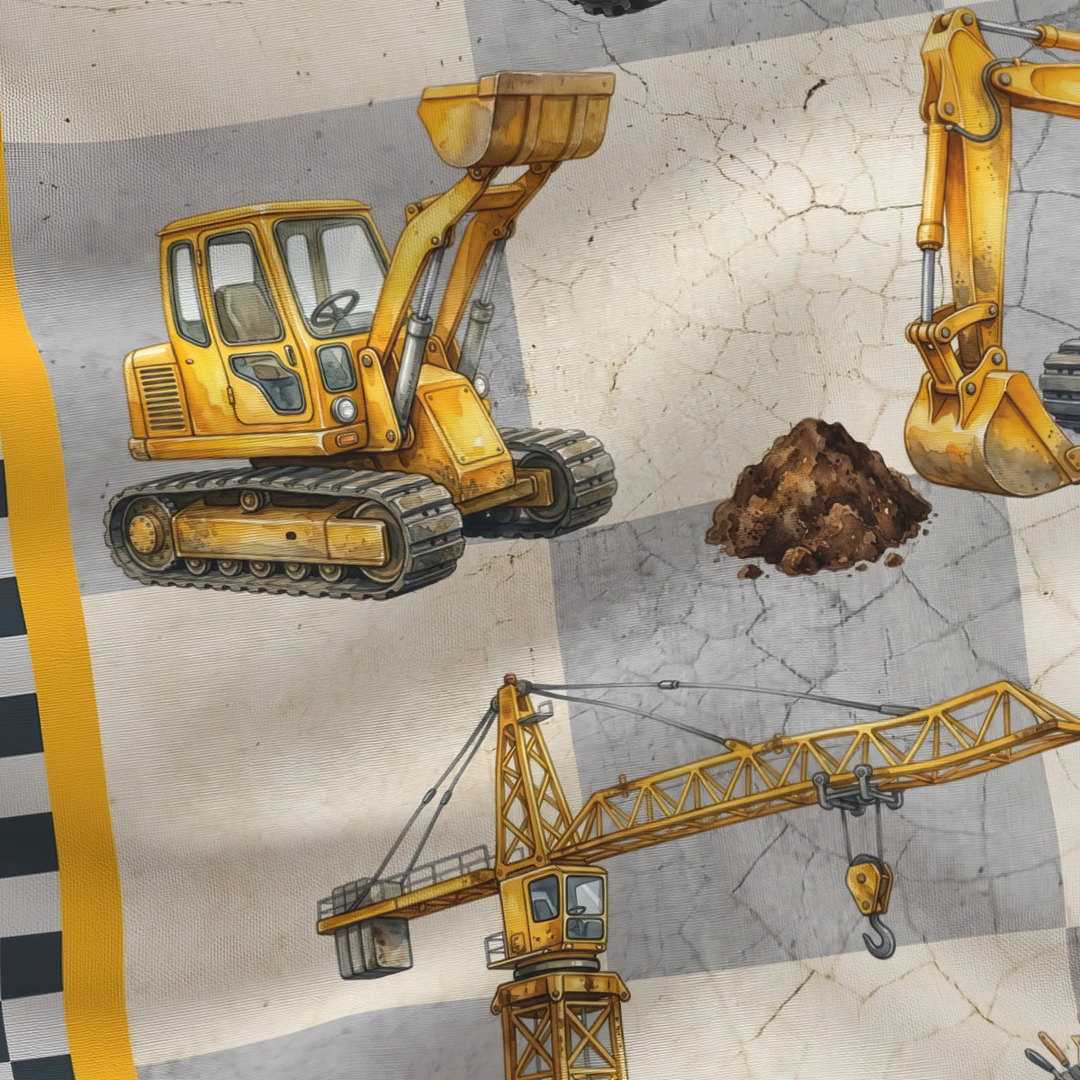Draped close-up of the Little Diggers panel showing an excavator and crane on cracked-concrete blocks