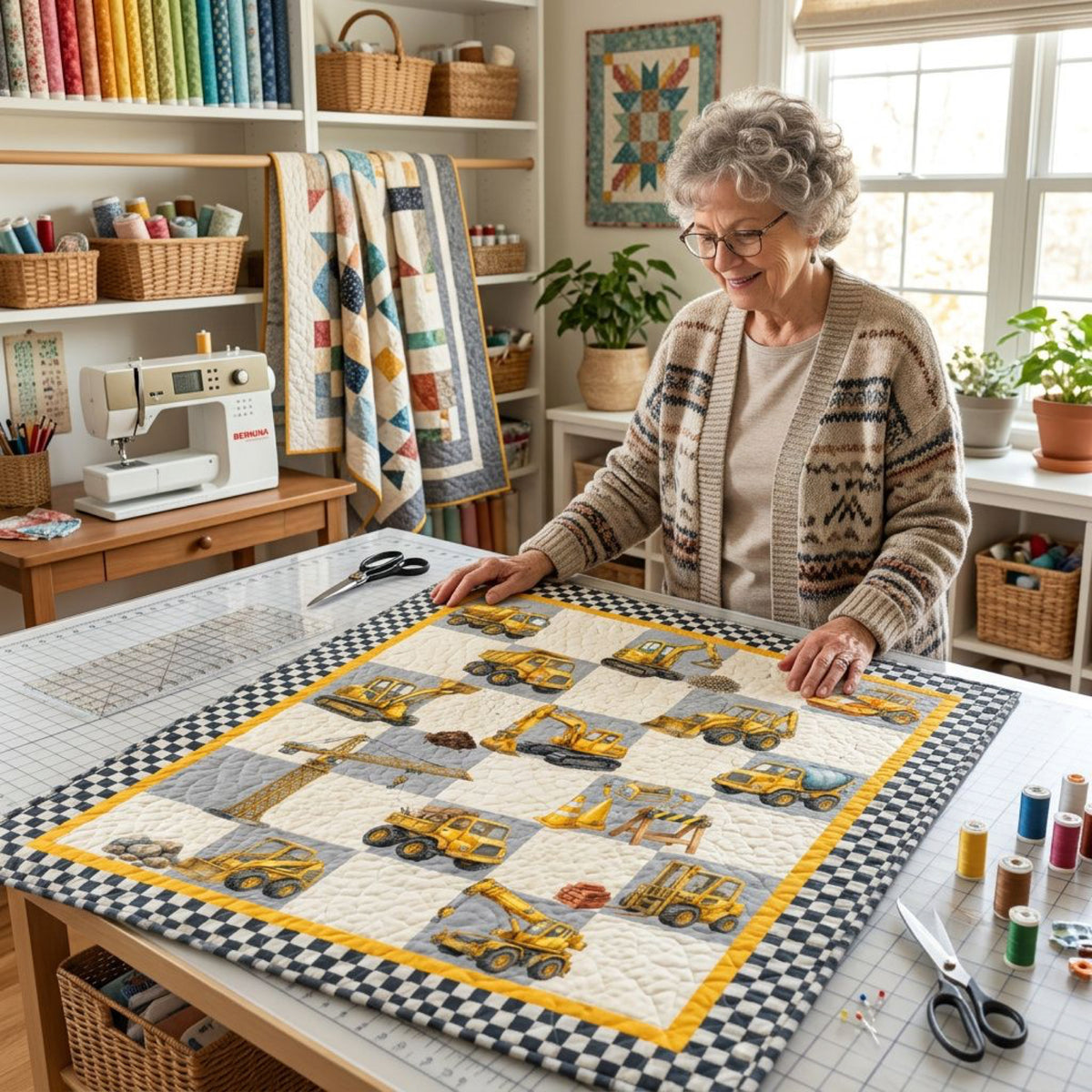 Grandmother in her sewing room smoothing a finished Little Diggers construction baby quilt on the cutting table