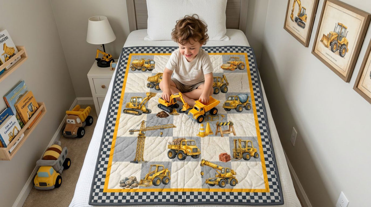 Toddler playing on a bed with a finished Little Diggers construction quilt