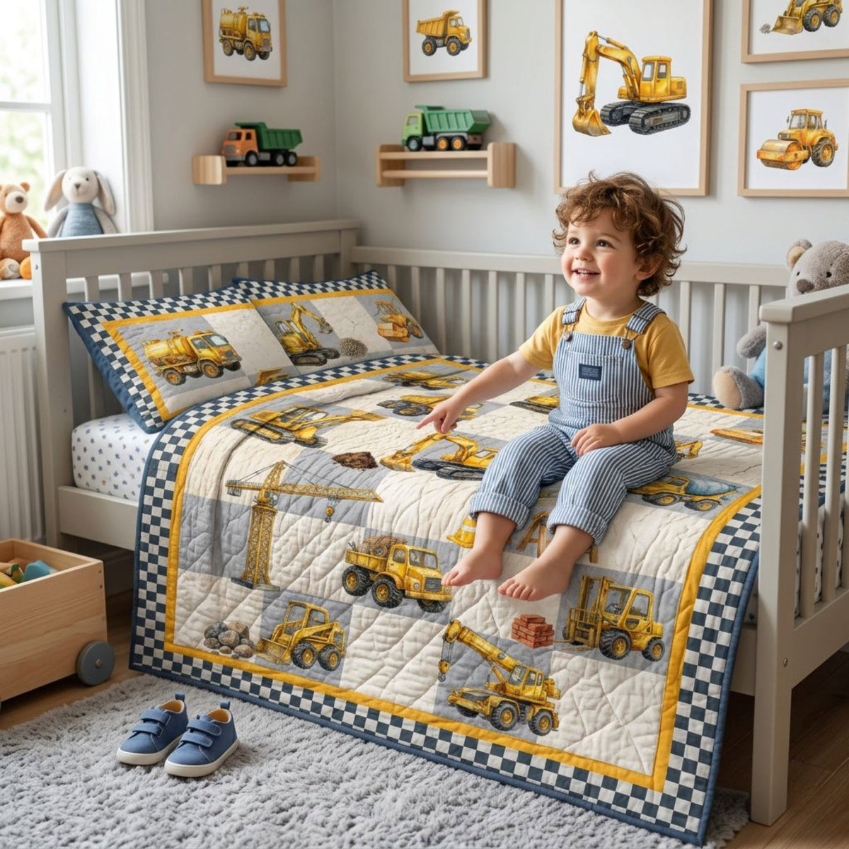 Toddler sitting on a toddler bed with a finished Little Diggers construction quilt in a truck-themed room