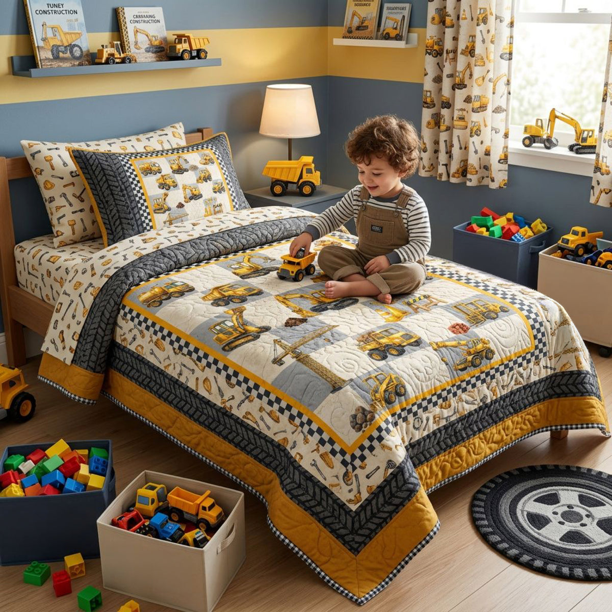 Boy playing with toy trucks on a bed with a Little Diggers quilt and Little Diggers Toss bedding