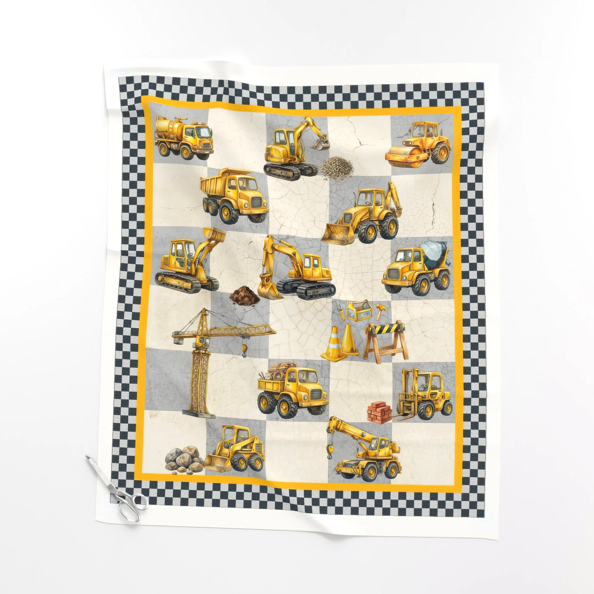 Little Diggers baby quilt panel laid flat – a 36 x 42 inch no-piecing quilt top