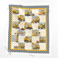 Little Diggers construction baby quilt panel laid flat – full 36 x 42 in panel