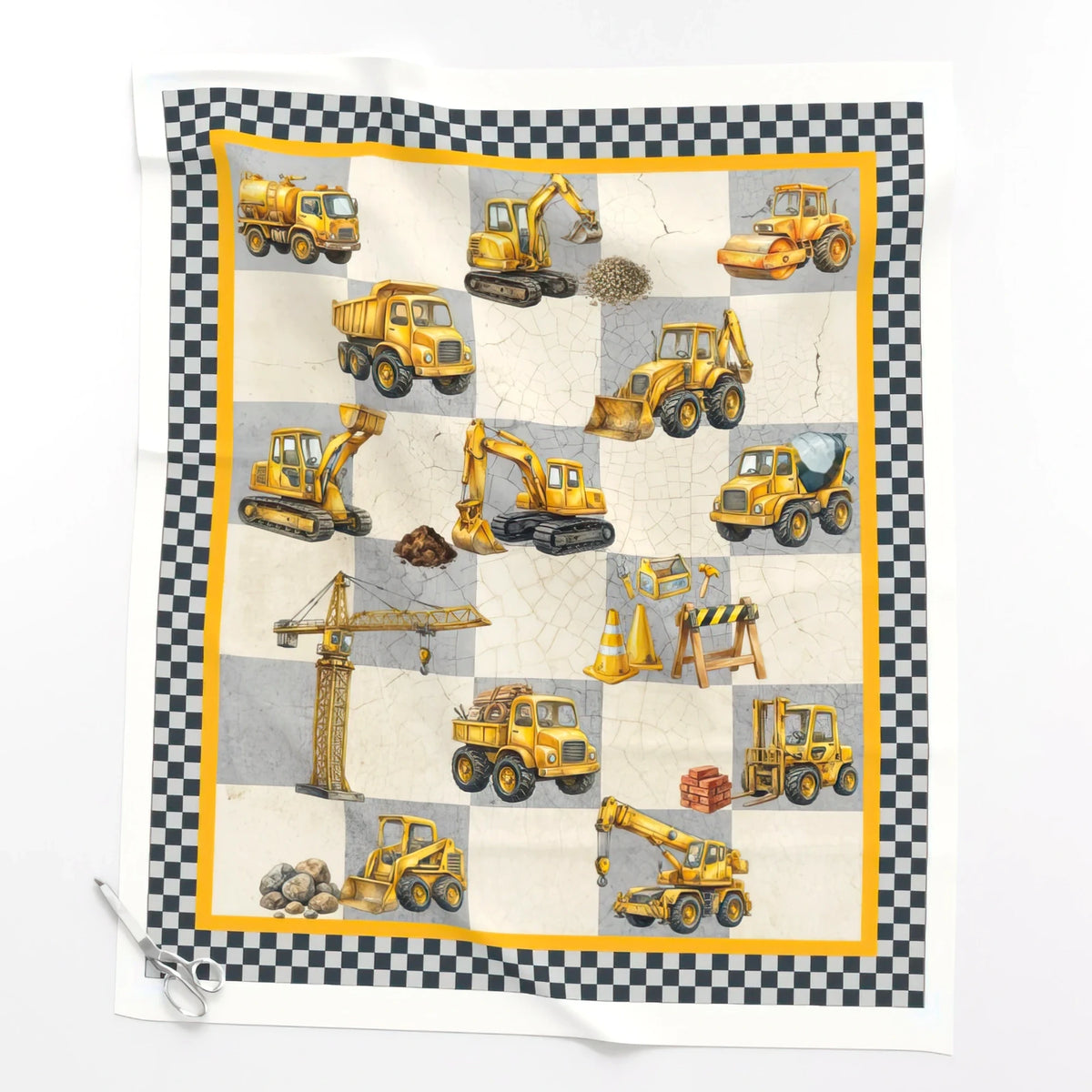 Little Diggers construction baby quilt panel laid flat – full 36 x 42 in panel