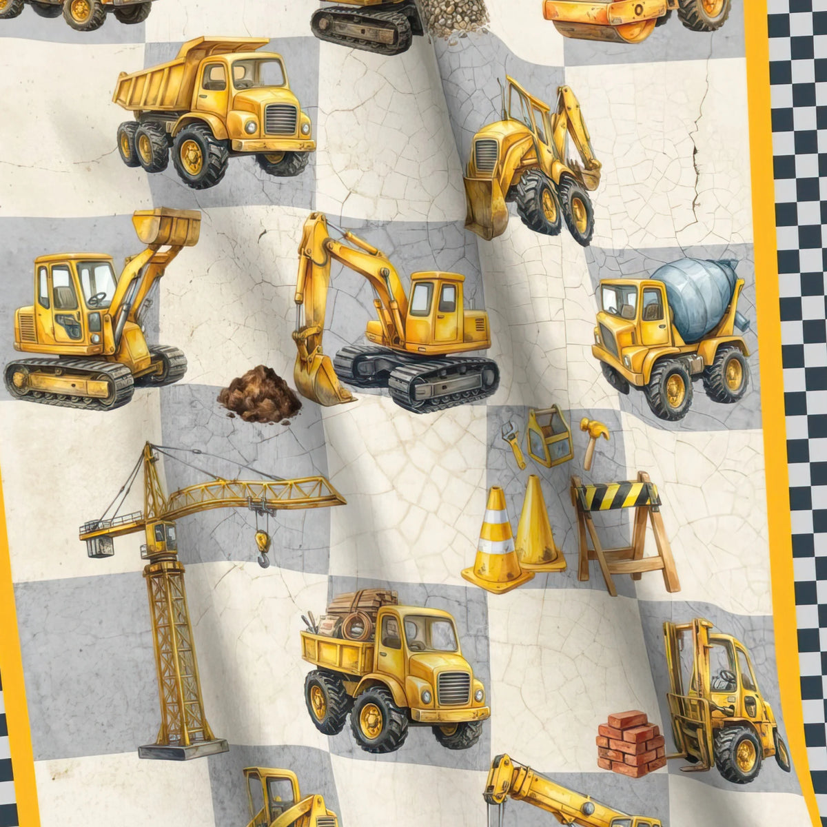 Little Diggers construction baby quilt panel close-up – no-piecing cheater quilt top