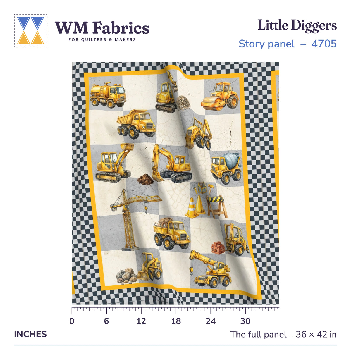 Little Diggers baby quilt panel shown full size, 36 x 42 inches, with a ruler for true scale