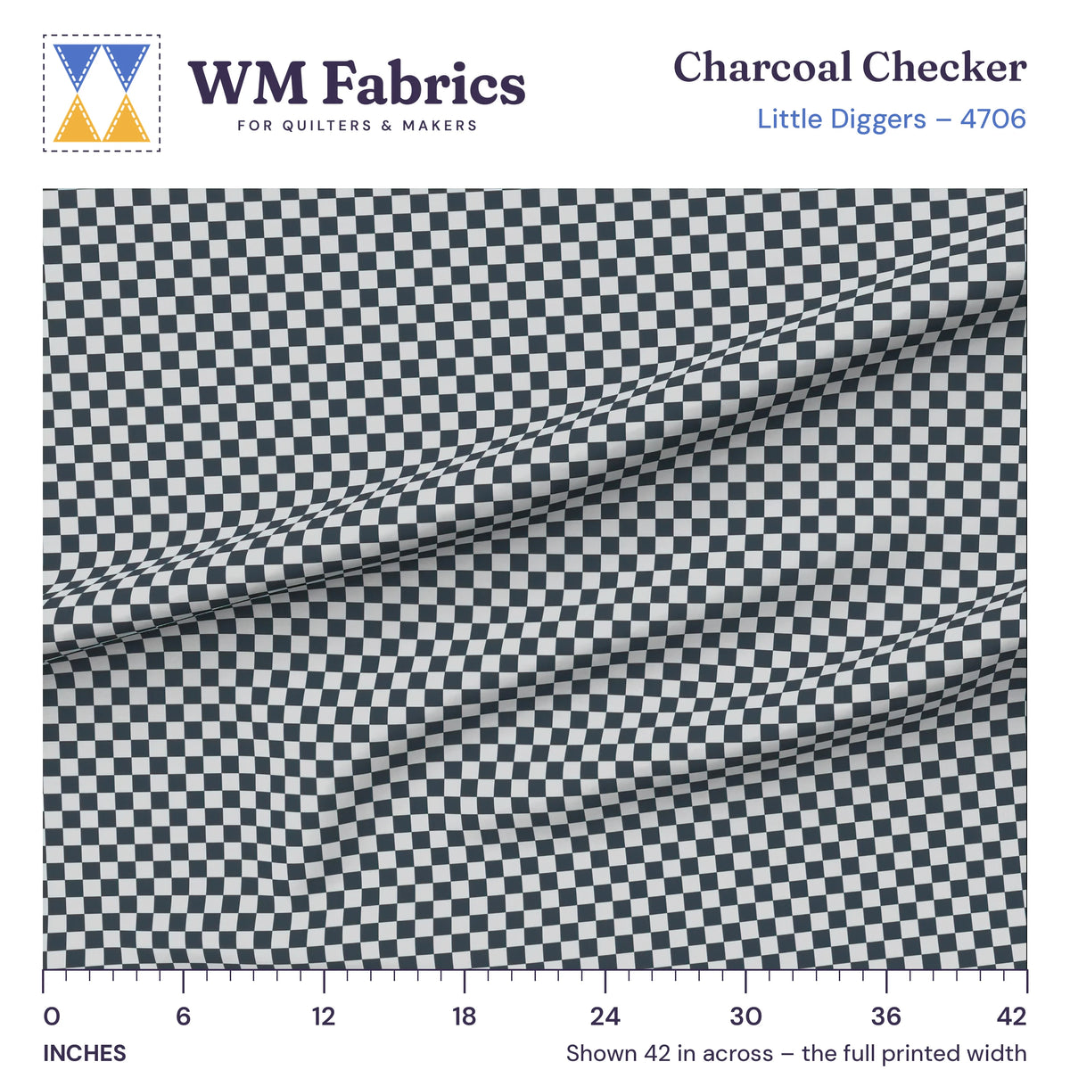 Charcoal Checker fabric shown 42 inches across with a ruler for true print scale