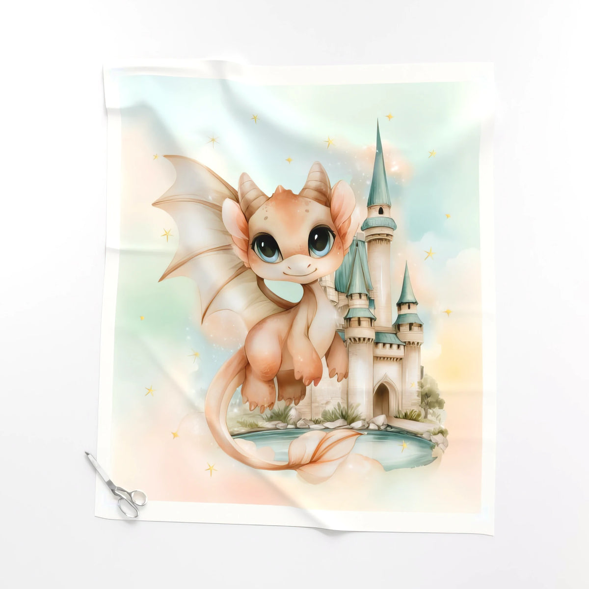 Dragon & Castle baby dragon quilt panel laid flat