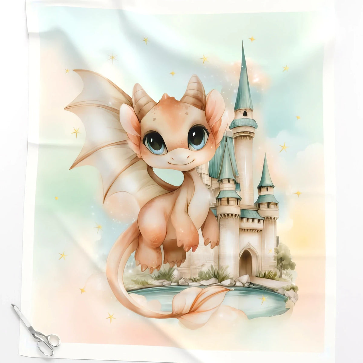 Dragon and Castle watercolor baby quilt panel close-up