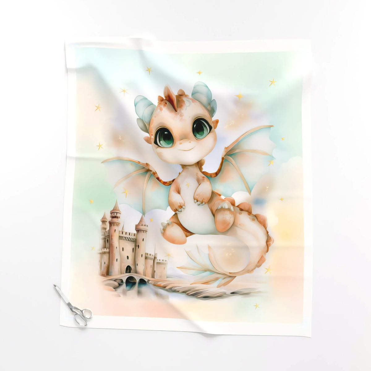 Sweet Dragon & Castle baby dragon quilt panel laid flat