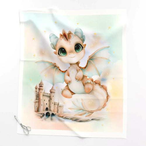 Baby dragon quilt panel, Sweet Dragon & Castle design, laid flat