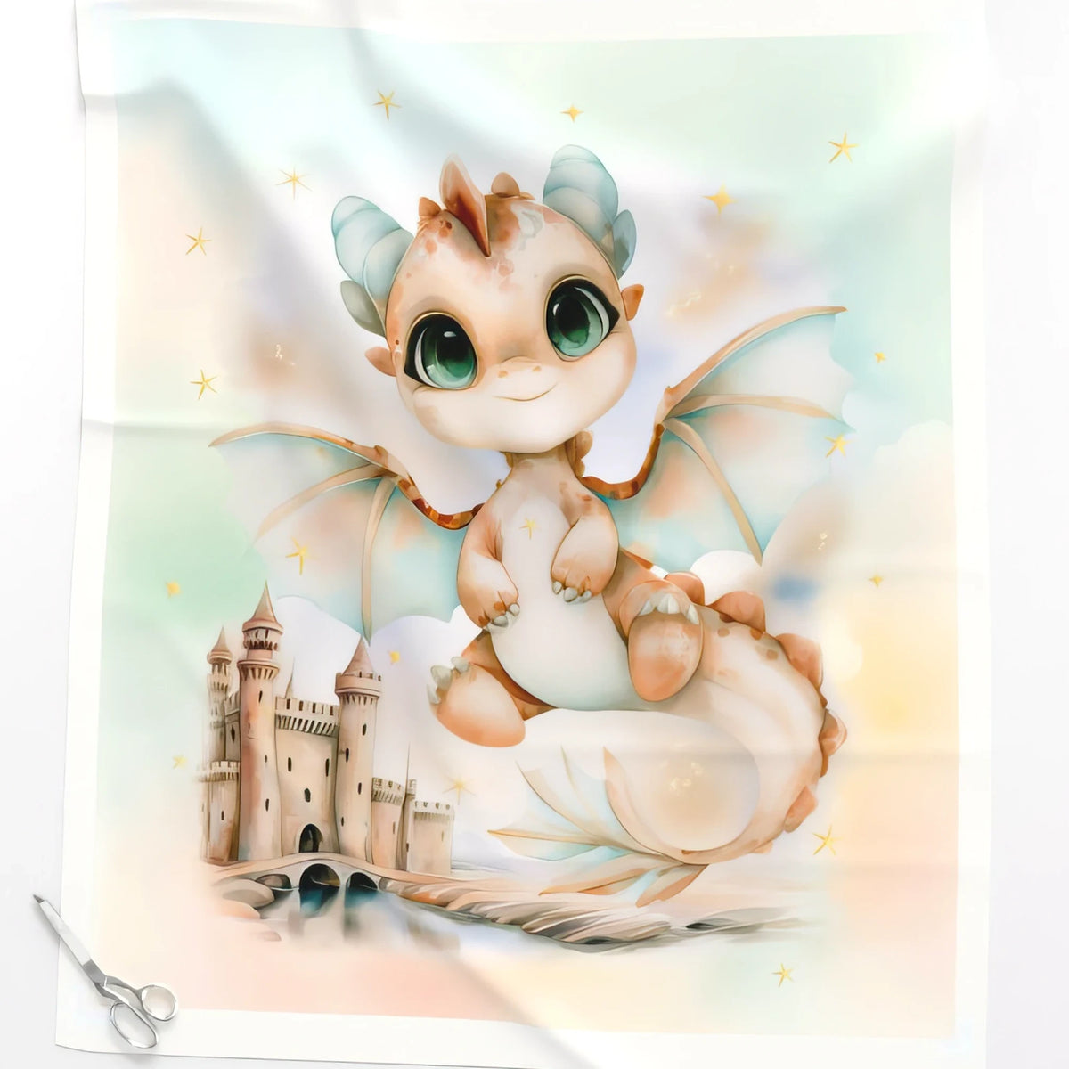 Sweet Dragon and Castle watercolor baby quilt panel close-up