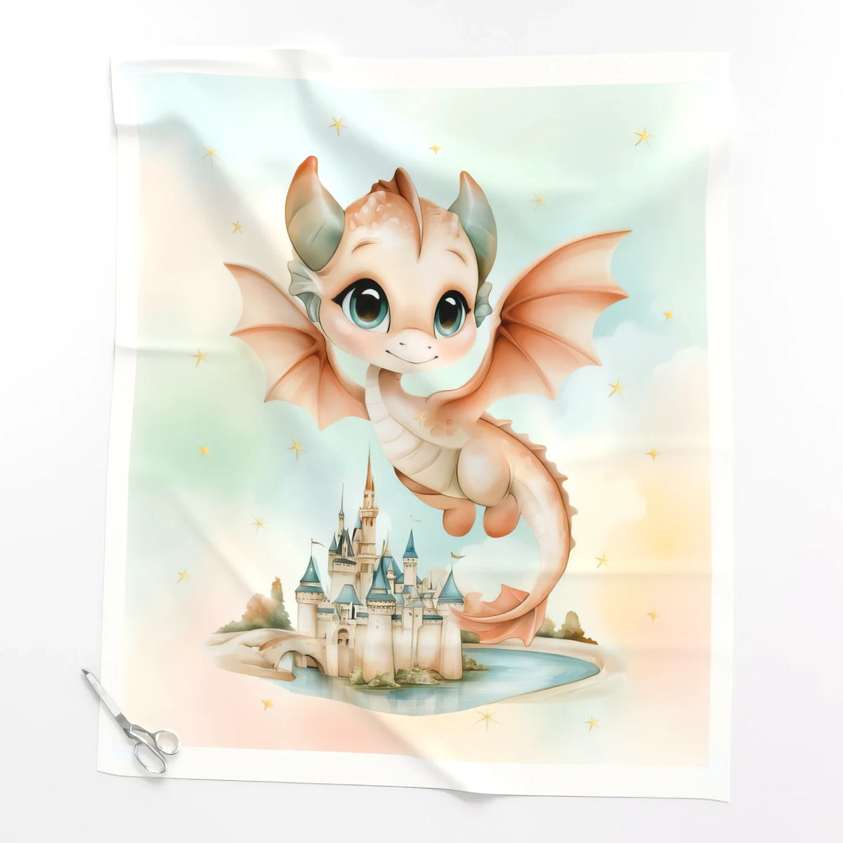 Baby dragon quilt panel, Flying Dragon design, laid flat