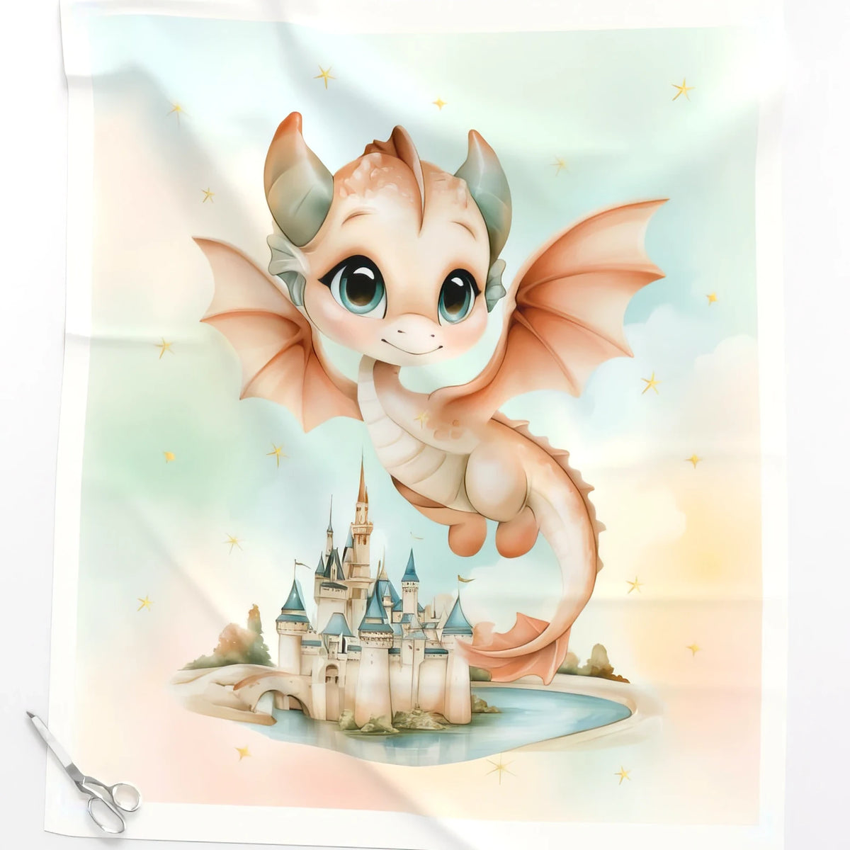 Flying Dragon watercolor baby quilt panel close-up