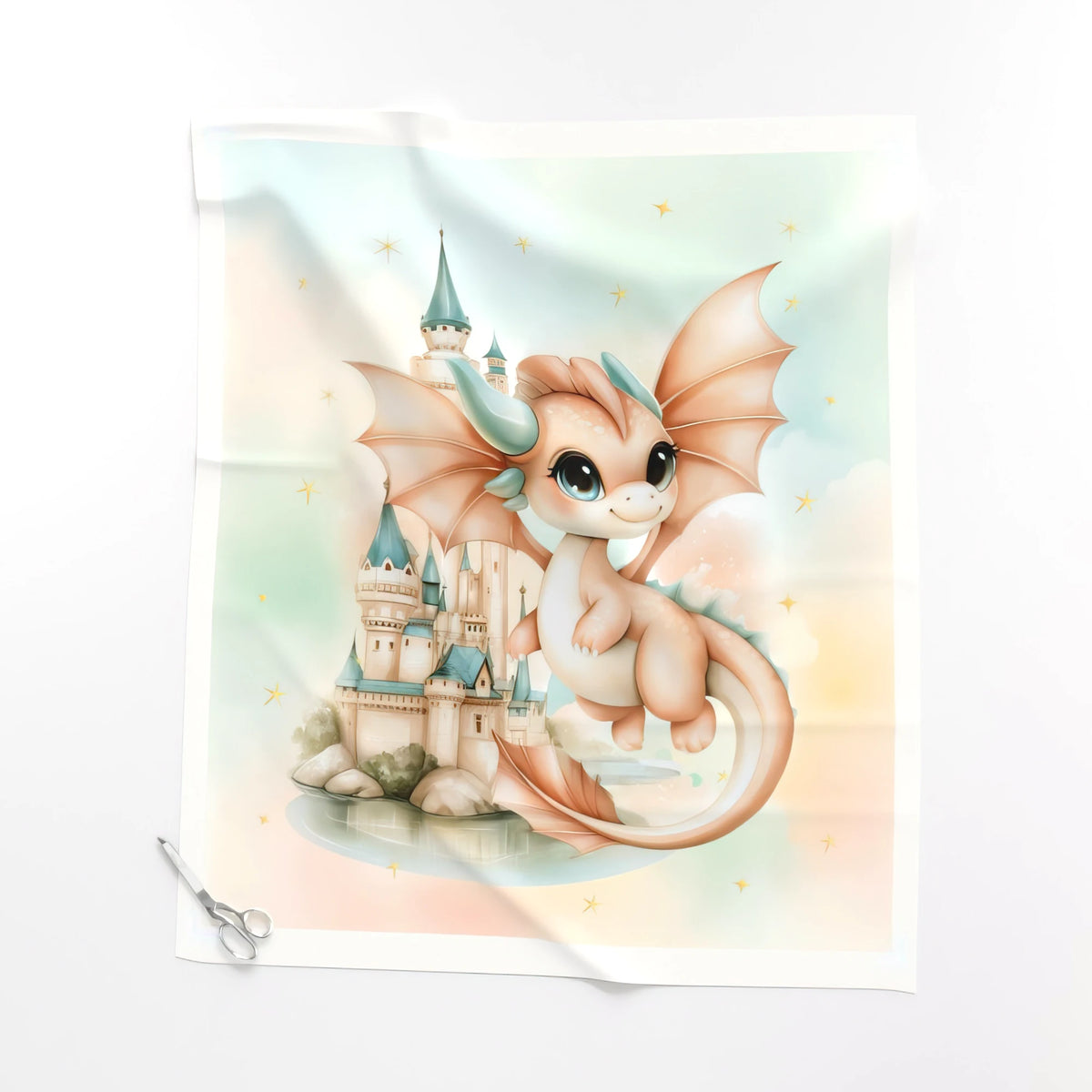 Seated Dragon baby dragon quilt panel laid flat