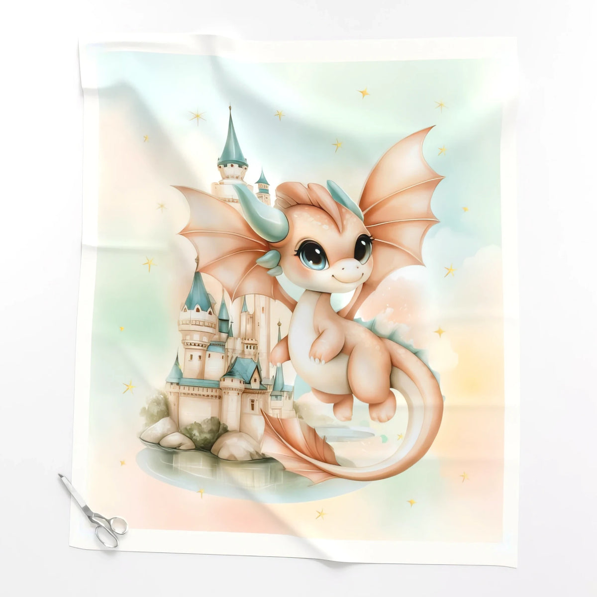 Baby dragon quilt panel, Seated Dragon design, laid flat