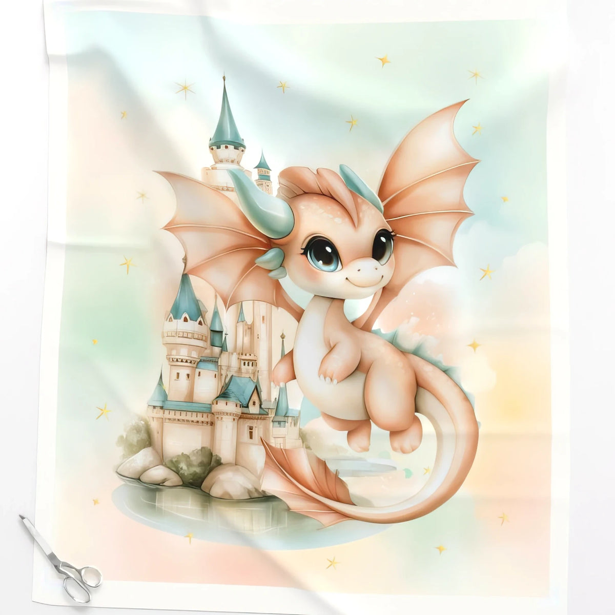 Seated Dragon watercolor baby quilt panel close-up