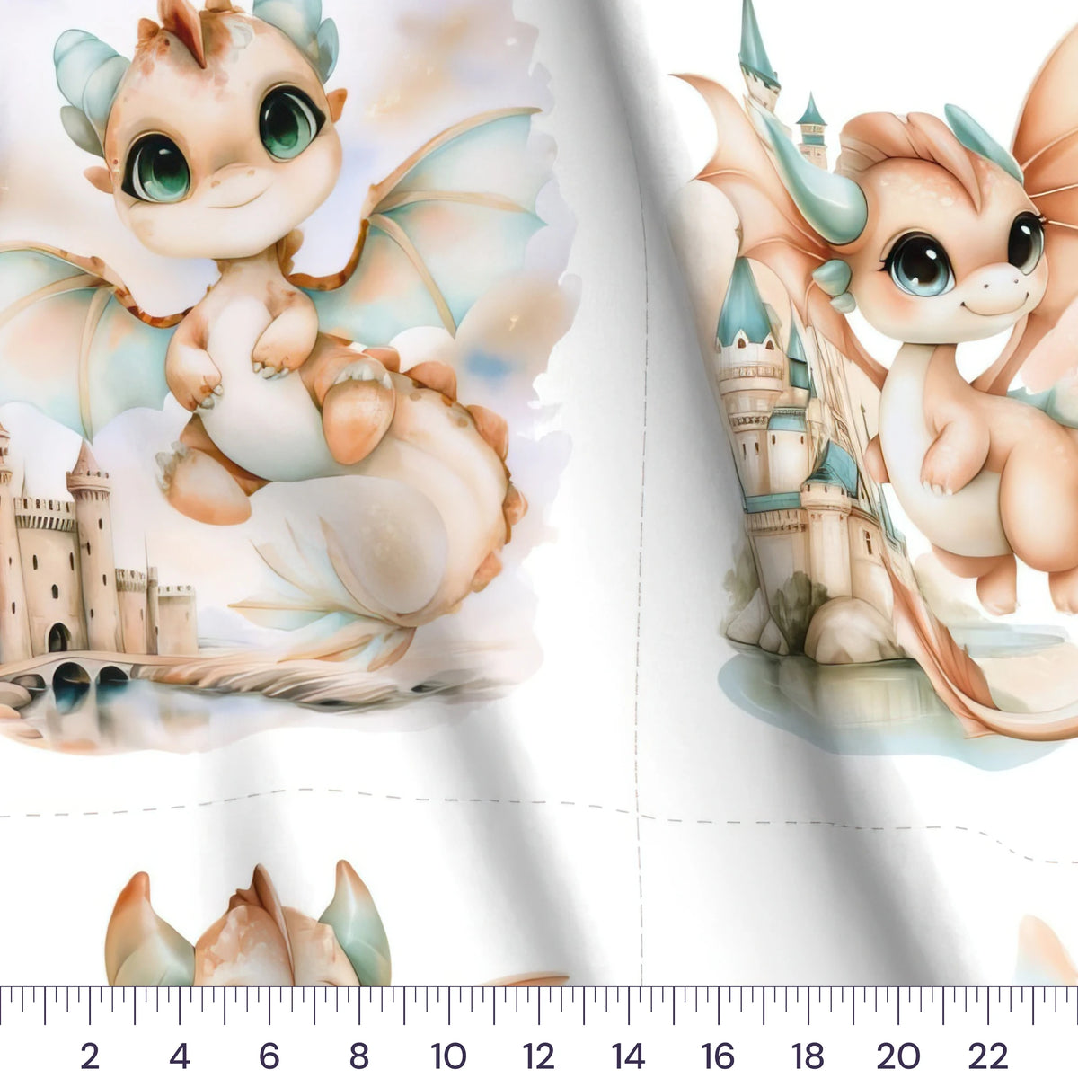 Close-up of the Four Dragon Blocks, White panel with a ruler showing true scale